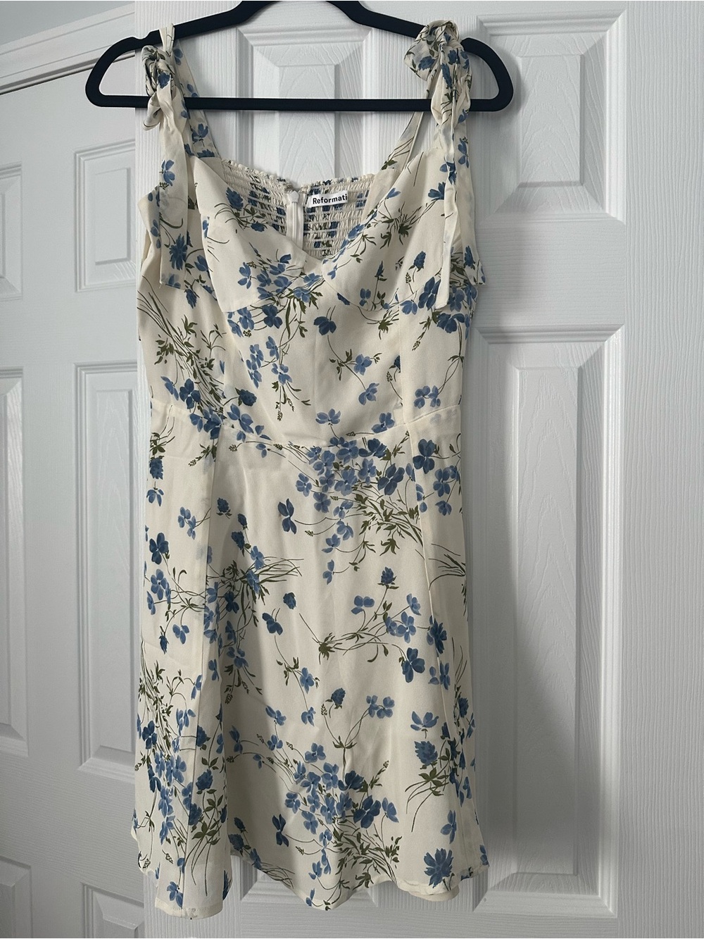 Reformation Cream Mini Dress with Blue Floral Print and Green Stems
